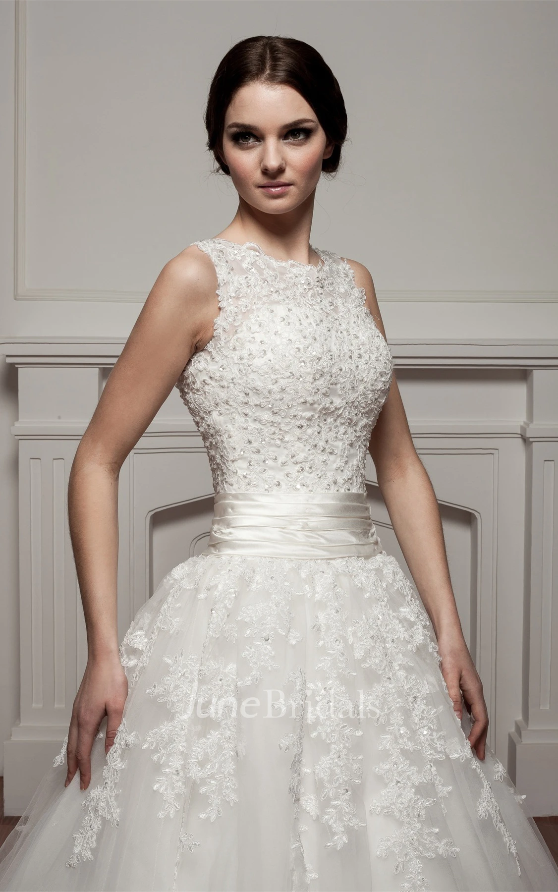 Bateau-Neck Sleeveless Ball Gown with Appliques and Tulle Overlay