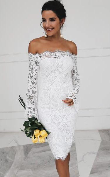 Casual Pencil Knee-length Lace Off-the-shoulder Long Sleeve Wedding Dress