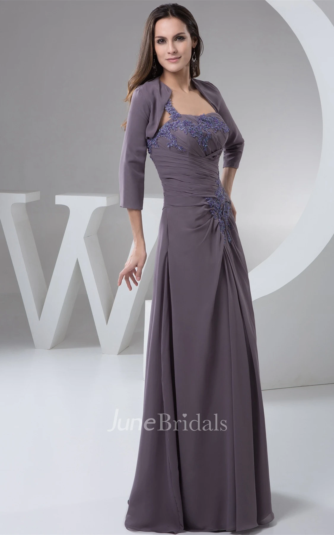 Strapless Chiffon Sheath Dress with Appliques and Bolero