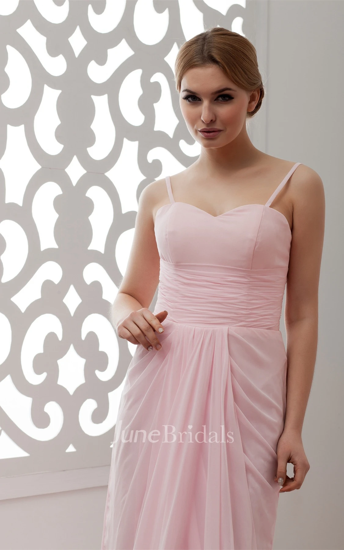 Spaghetti-Strap Chiffon Long Dress with Pleats and Sweep Train