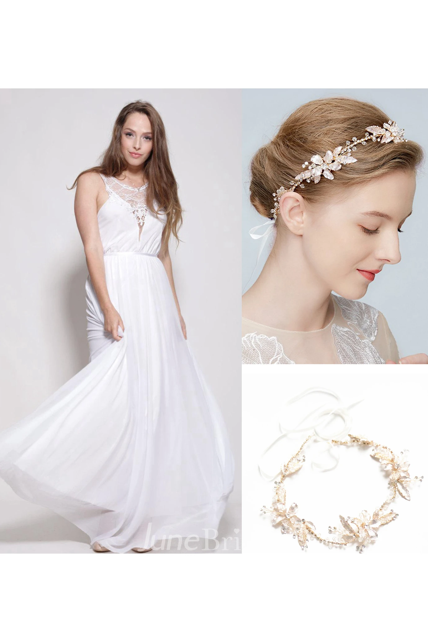 Chiffon Lace Weddig Dress With Embroideries and Handmade Beautiful Flowers Leaves Vine Rhinestones Crystal Soft Band