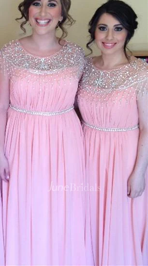 Elegant A-line Chiffon Pink Beadings Bridesmaid Dress Cap Sleeve