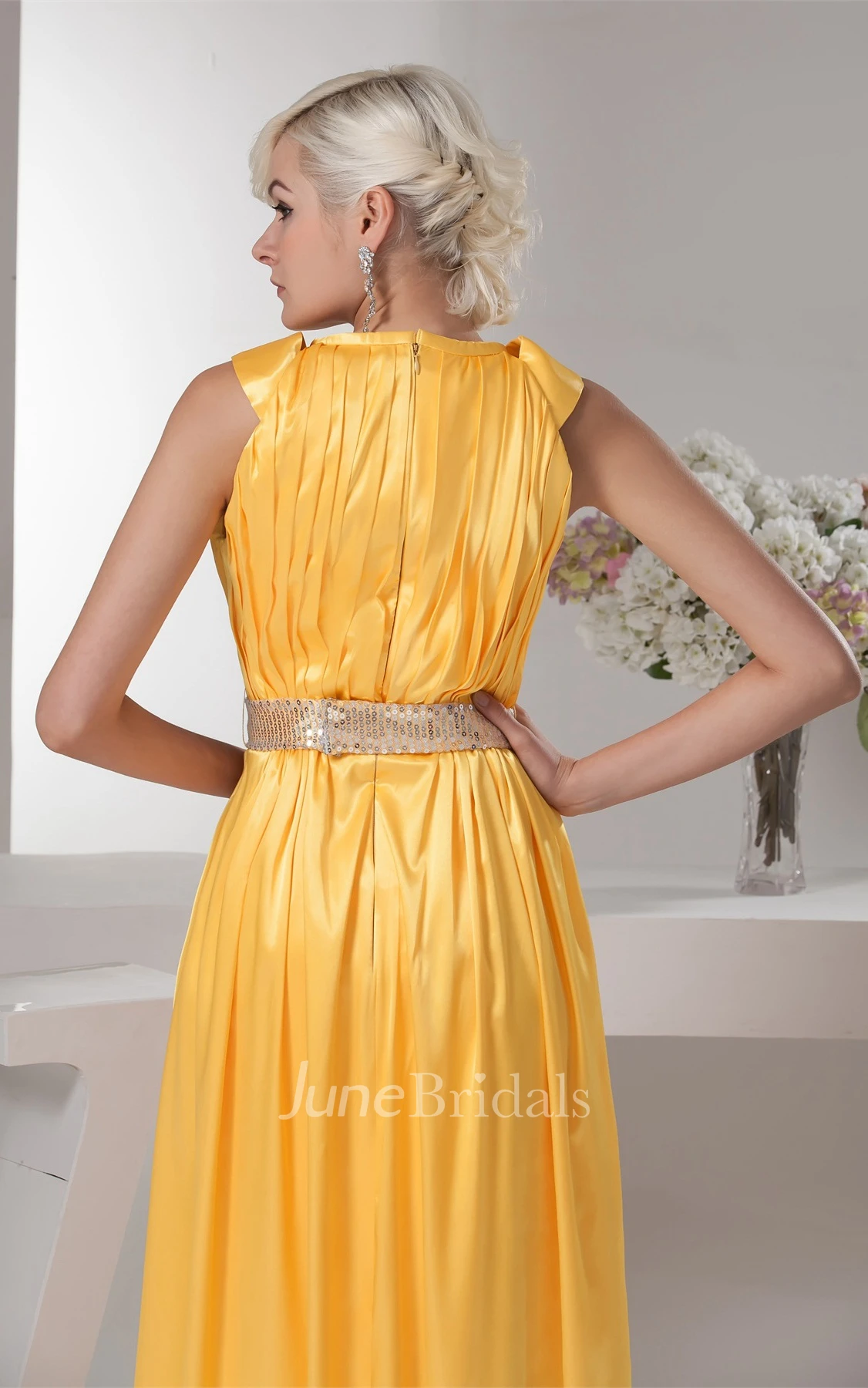 Caped-Sleeve Ruched Ankle-Length Dress with Gemmed Waist