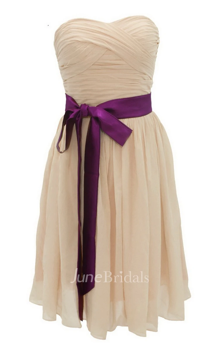 Strapless Ruched Dress WIth Satin Sash and Drapping