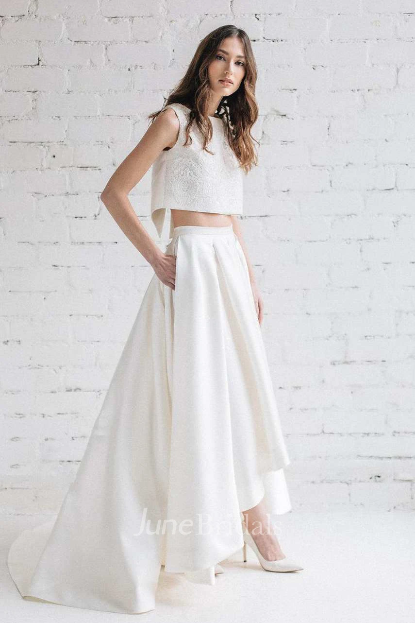 Bateau Sleeveless Two-Piece A-Line Satin Wedding Dress