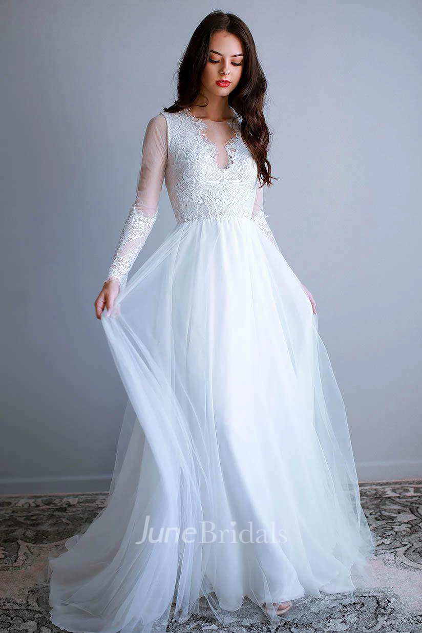 Illusion Scoop-Neck Long Sleeve Lace Tulle Wedding Dress With Pleats