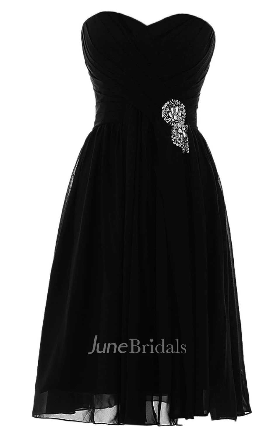 Sweetheart Knee-length Pleated Chiffon Dress With Crystal Stones