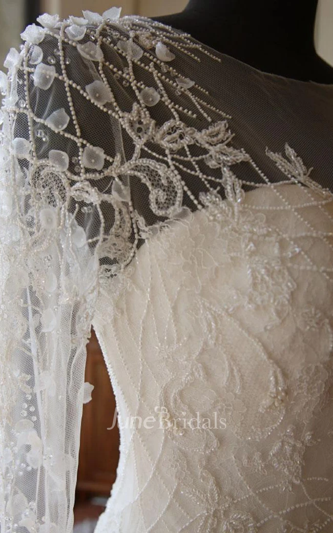 Trumpet Maxi Long Sleeve Bell Beading Flower Zipper Keyhole Tulle Lace Satin Dress