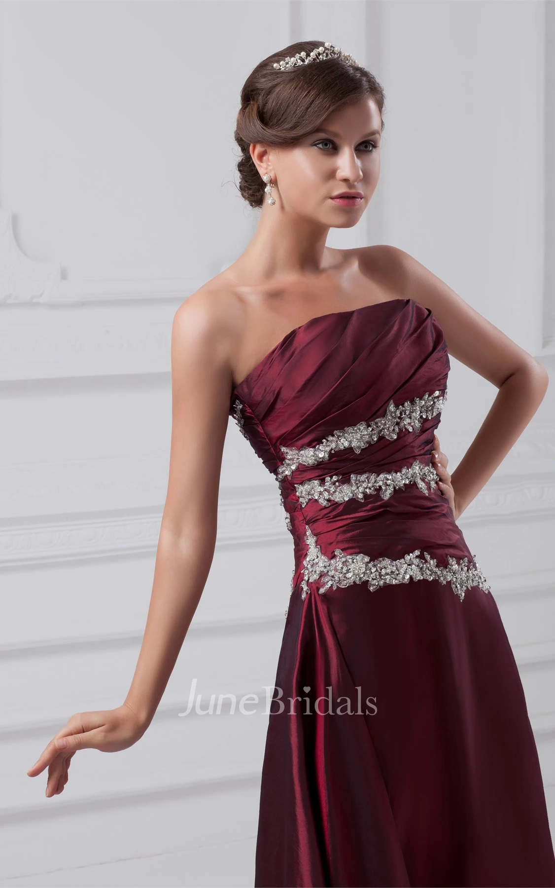 Strapless A-Line Appliqued Gown with Ruched Bodice