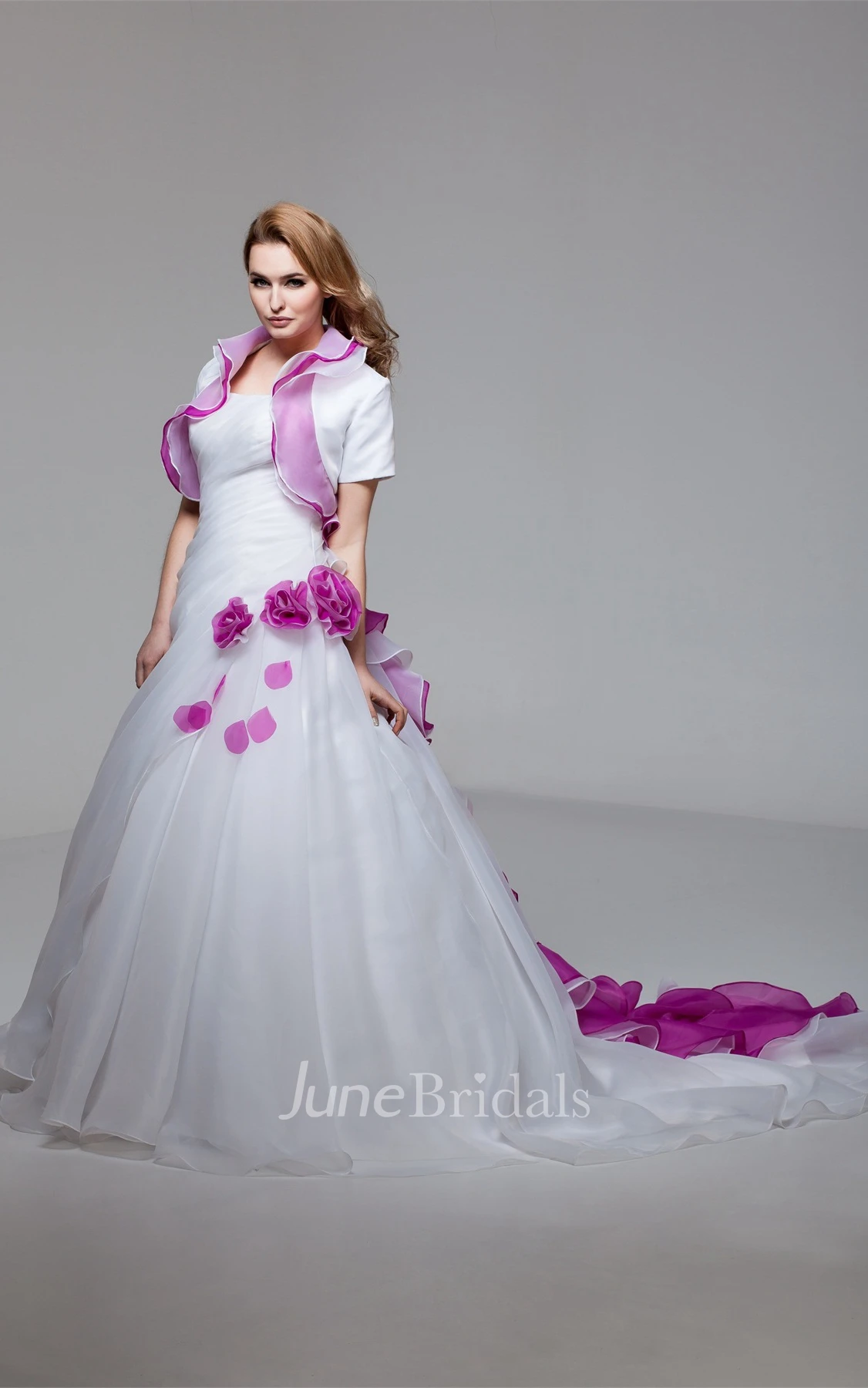 Strapless Side-Ruched A-Line Dress with Flower and Bolero