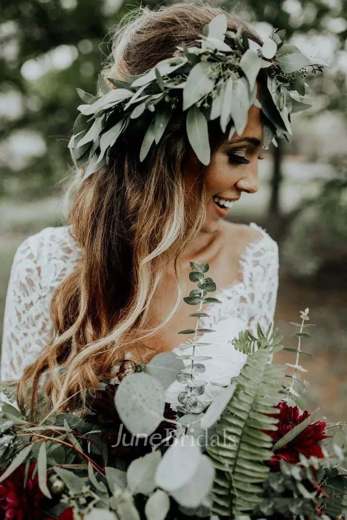 Two Piece V-neck Illusion 3-4 Length Sleeve Floor-length Lace Wedding Dress with Ruching Ruffles