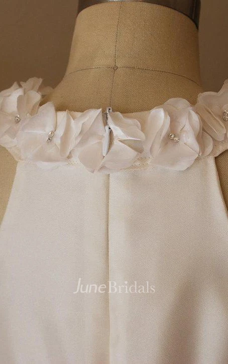 Sleeveless Floral Neckline Cream Bubble Satin Dress