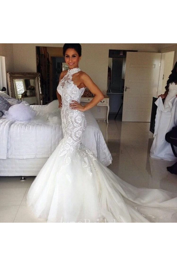 Delicate Halter Tulle Mermaid Wedding Dress With Lace Appliques