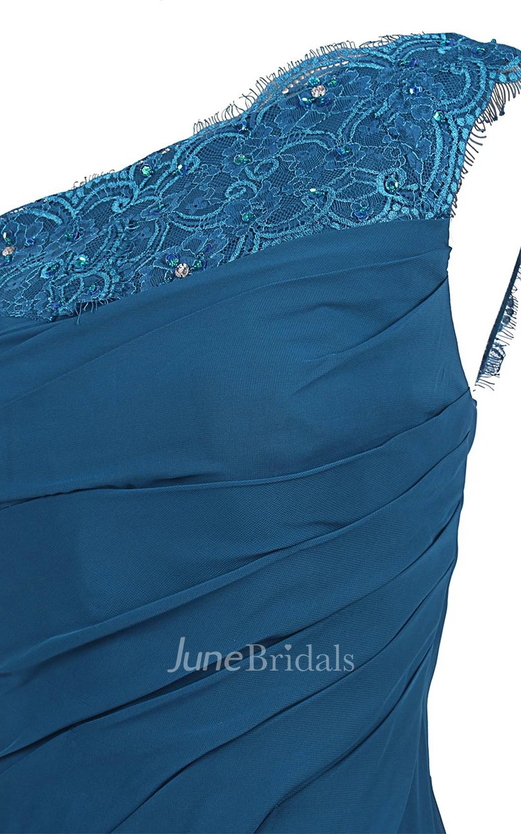 One-shoulder Sweep Train With Ruching and Zipper Back