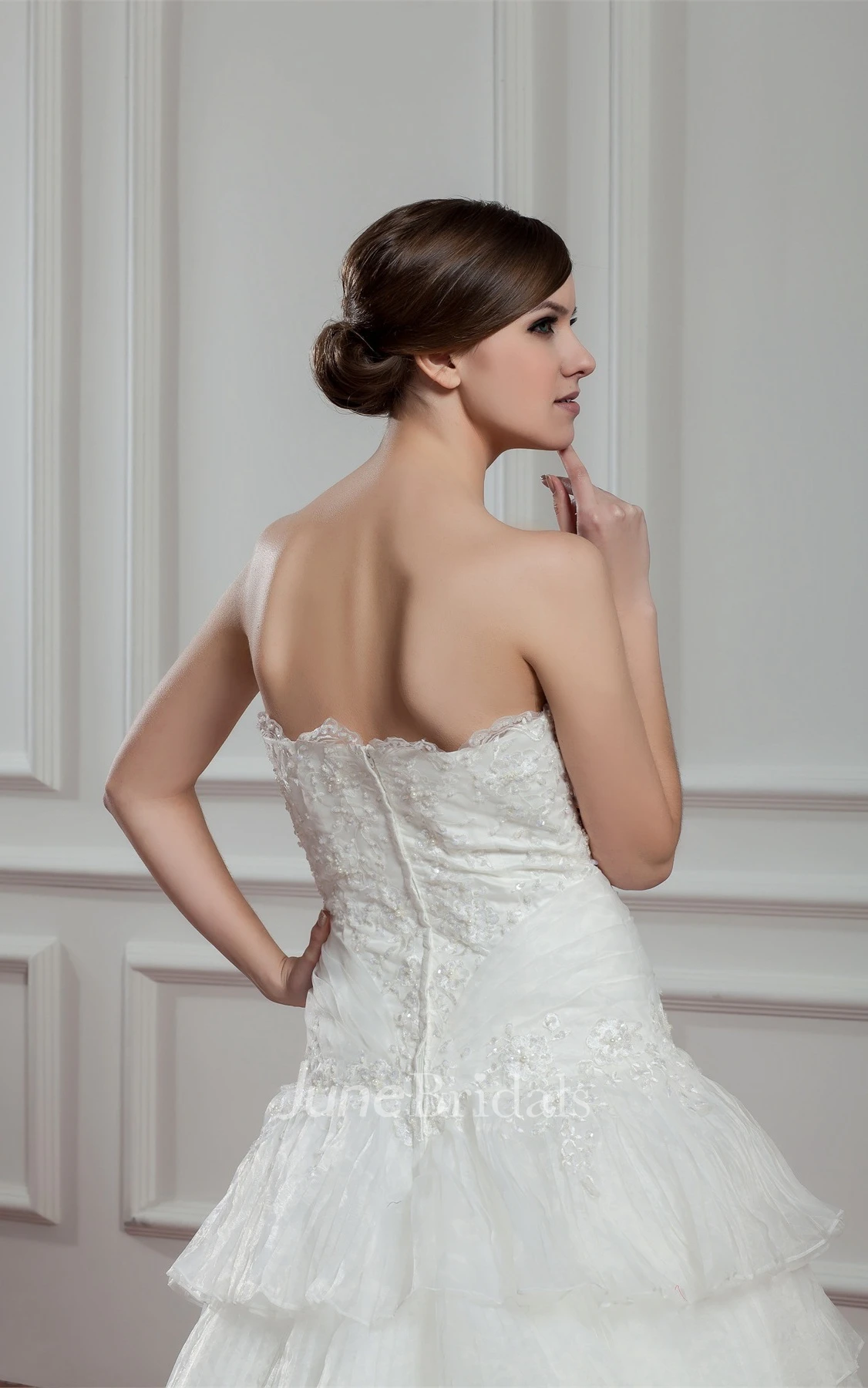 Sweetheart Tiered A-Line Gown with Appliques and Jeweled Top