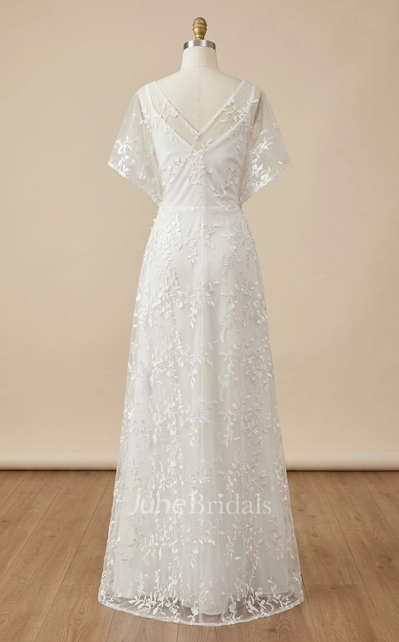 1920s Two-Piece Lace A-Line Wedding Dress Boho V-Neck Flutter Sleeves Vintage Bridal Gown