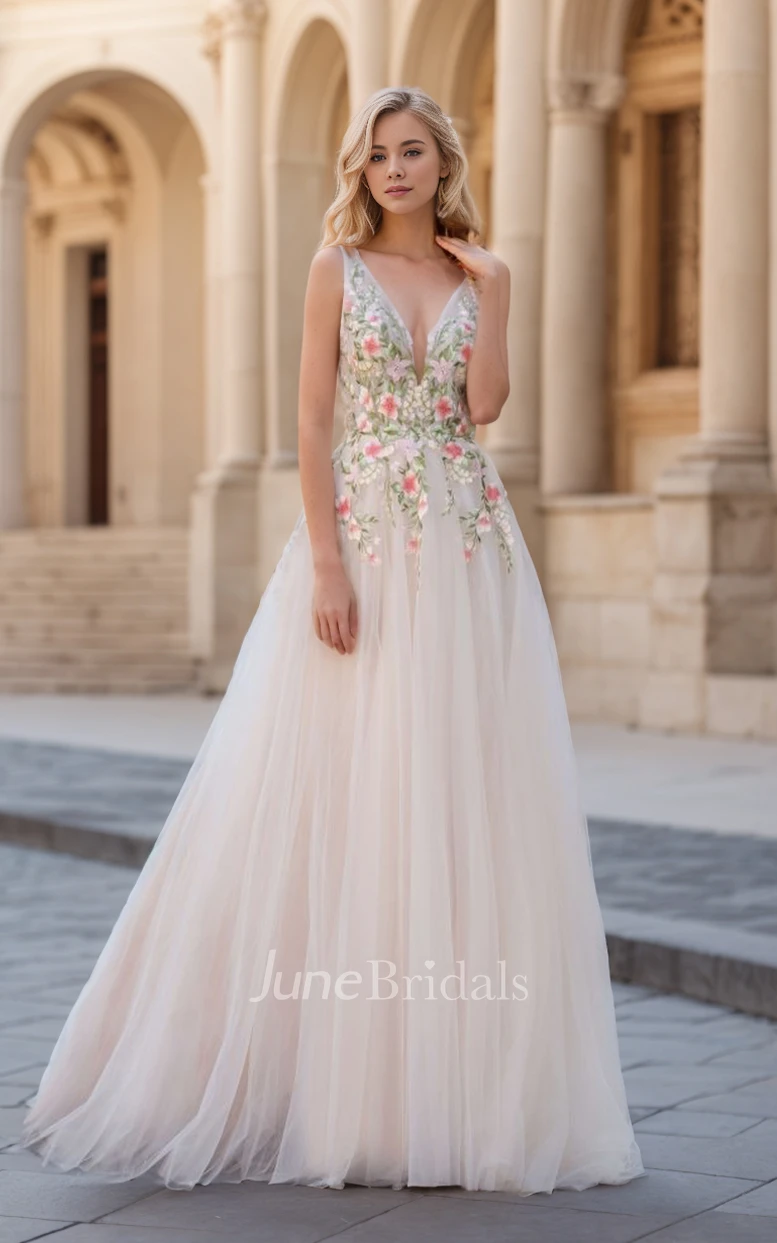Sexy Elegant A-Line V-Neck Lace Tulle Spring Wedding Dress with Deep V Back and Flowers