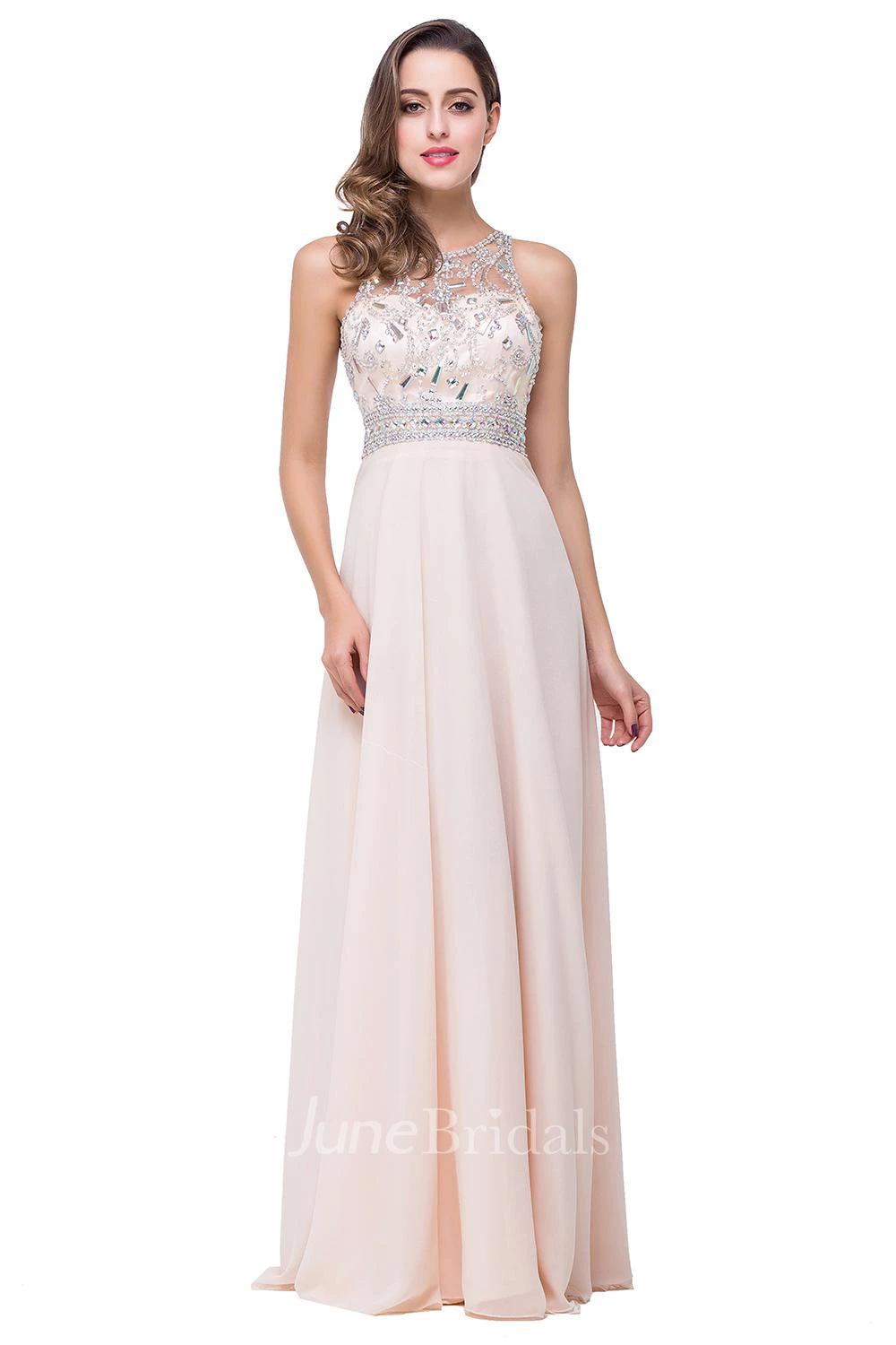 Elegant Beadings Chiffon A-line Prom Dress Zipper Illusion