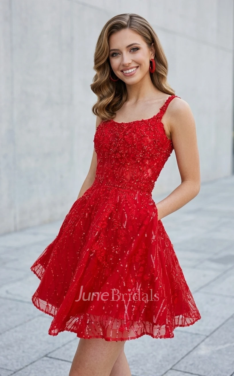 Unique Shiny Red Sequins A-Line Short Dress for Homecoming Mini Modest Flattering Square Neckline Straps Sleeveless Zipper Back Prom Dress with Pockets
