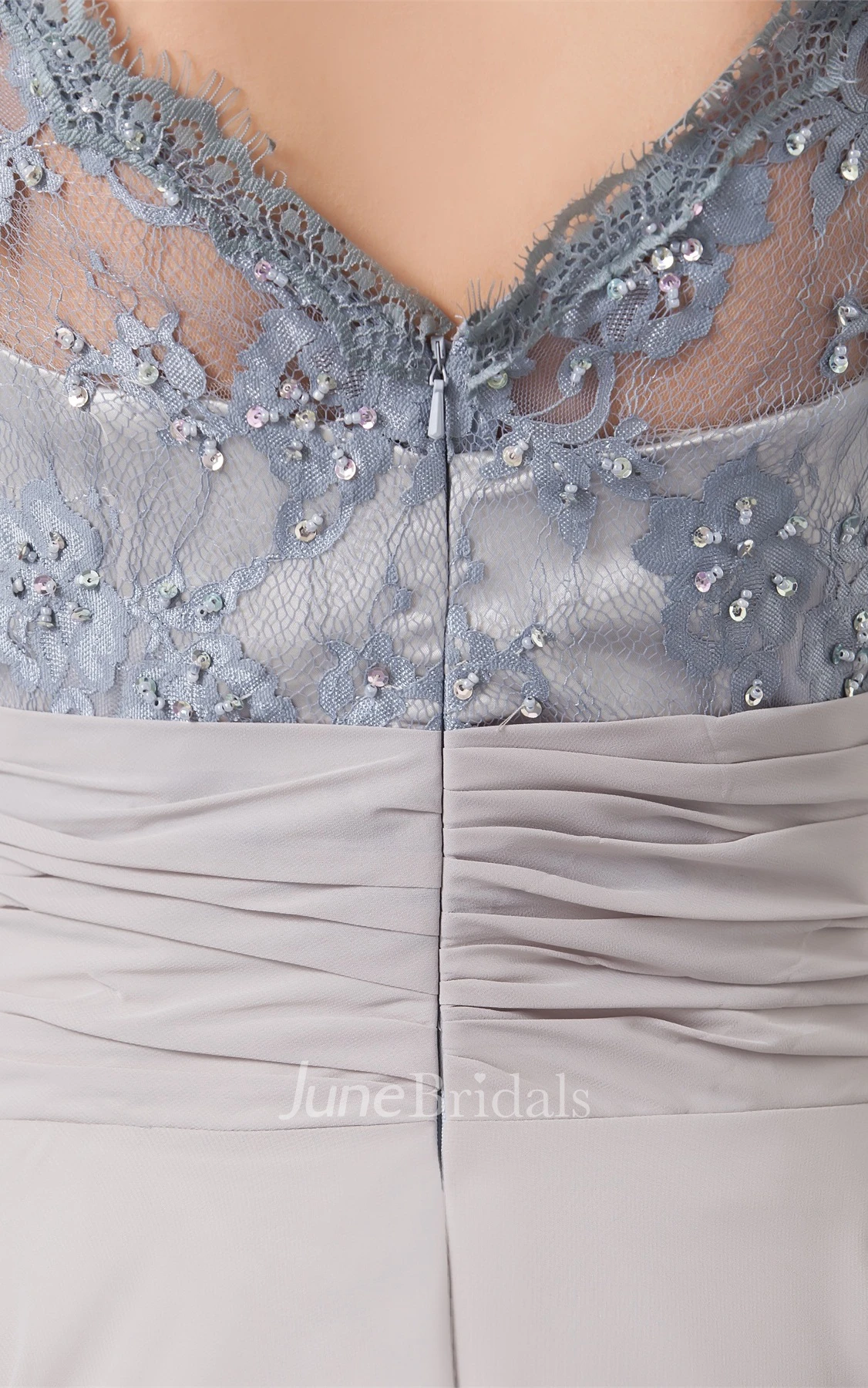 Chiffon Pleated Gown with Bow and Illusion Caped Sleeve