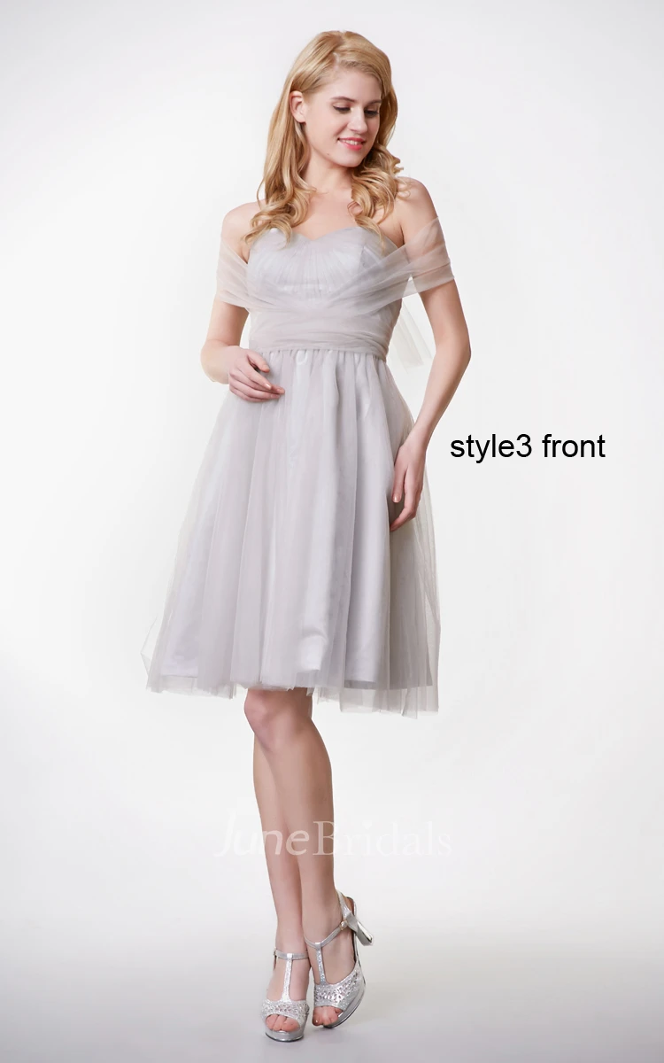Short Sleeve Pleated Short A-line Tulle Dress With Changeable Ruched Belt