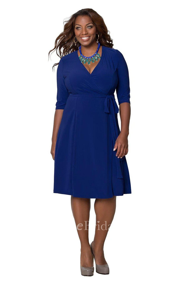 Half-sleeved A-line V-neck Dress With Bow