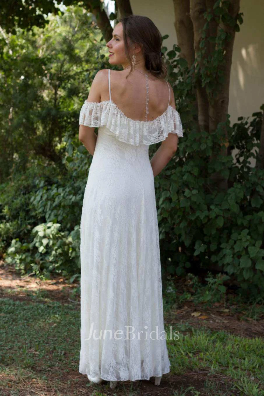 Spaghetti Off-The-Shoulder Lace Pleated Floor-Length Wedding Dress