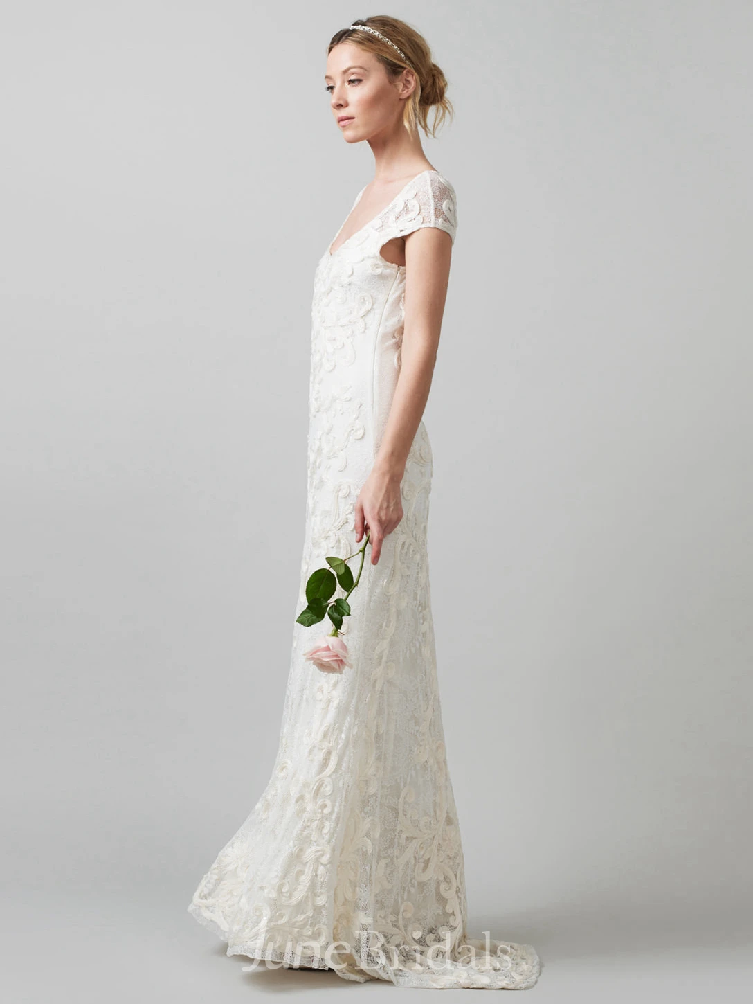Sheath V-Neck Cap-Sleeve Lace Wedding Dress With Embroidery