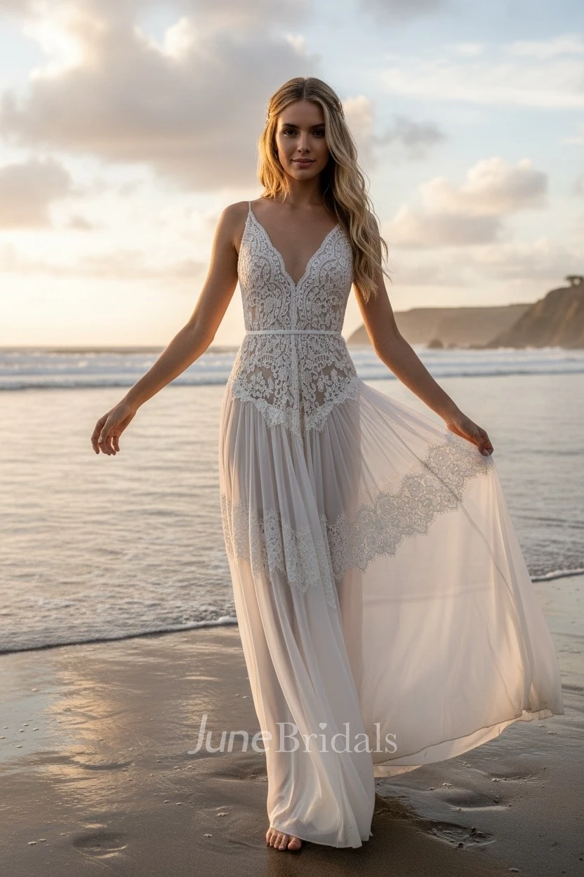 Boho Lace Beach Wedding Dress Flowy Chiffon Lightweight Bridal Gown for Destination & Summer Weddings