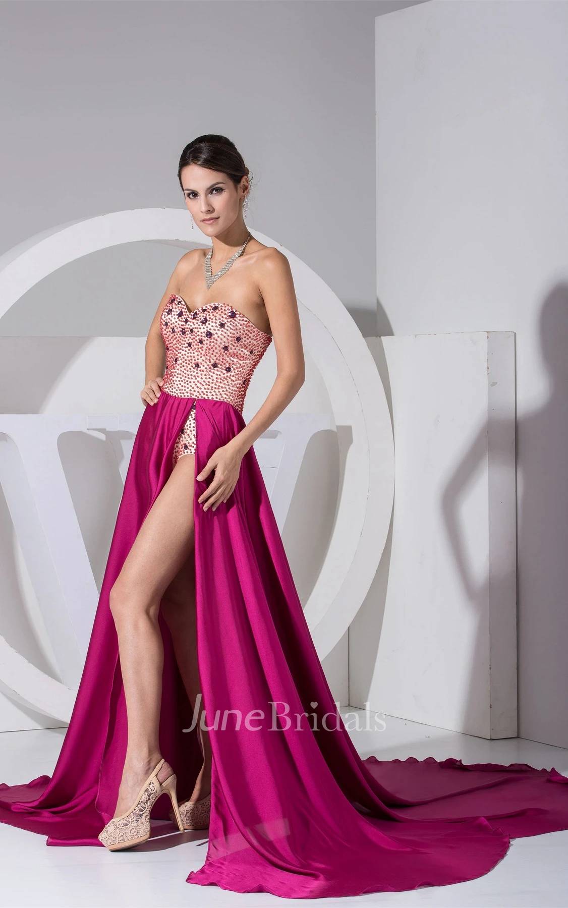 Sweetheart Front-Split Chiffon Dress with Rhinestone and Pleats