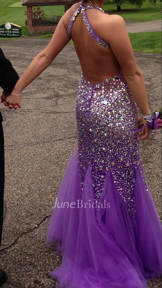 Luxurious Crystals Sequins Mermaid Evening Dress Halter Sweep Train