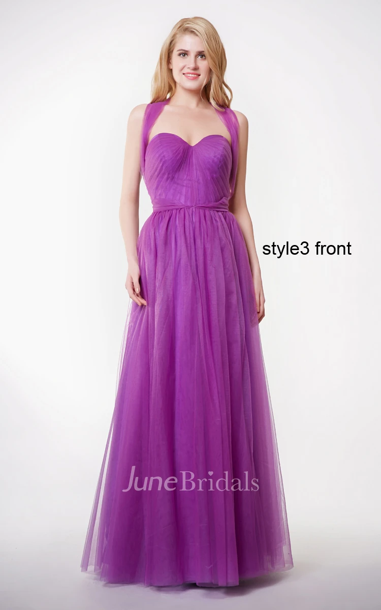 Sleeveless Pleated A-line Tulle Gown With Convertible Straps