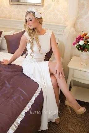 Scoop-Neck Short Sleeve Split Front Long Wedding Dress