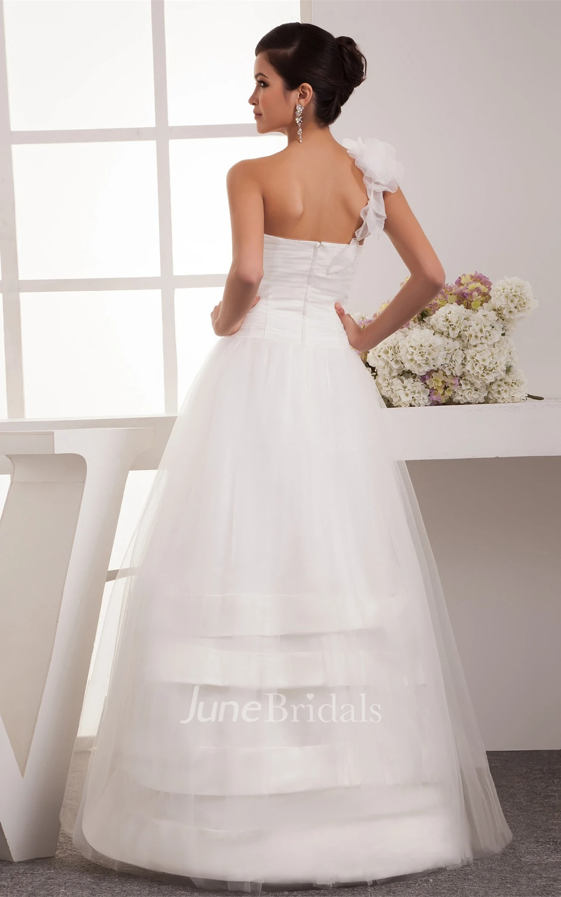 One-Shoulder Tulle A-Line Dress with Ruching and Single Strap