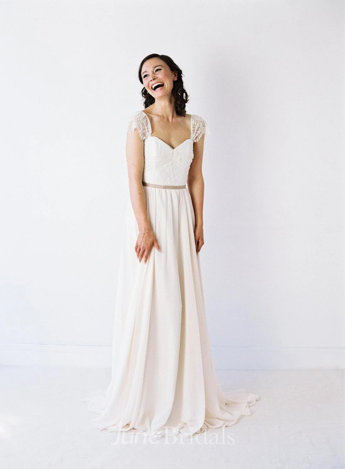 Two-Toned Sweetheart Neck Pleated Chiffon Wedding Dress With Delicate Lace Sleeves