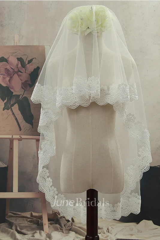 Simple Tulle Fingertip Wedding Veil with Lace Edge
