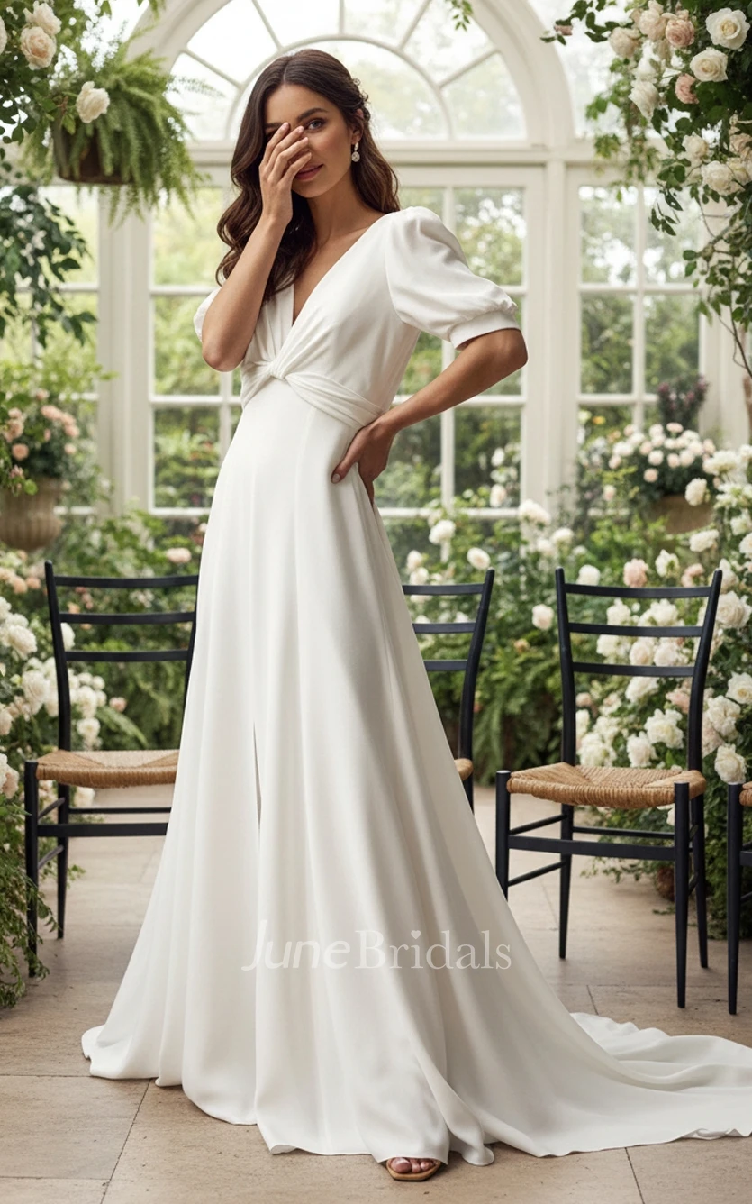 Minimalist A-Line Puff Sleeve Sheath Wedding Dress Simple V Neck Slit Bridal Gown for Outdoor Weddings