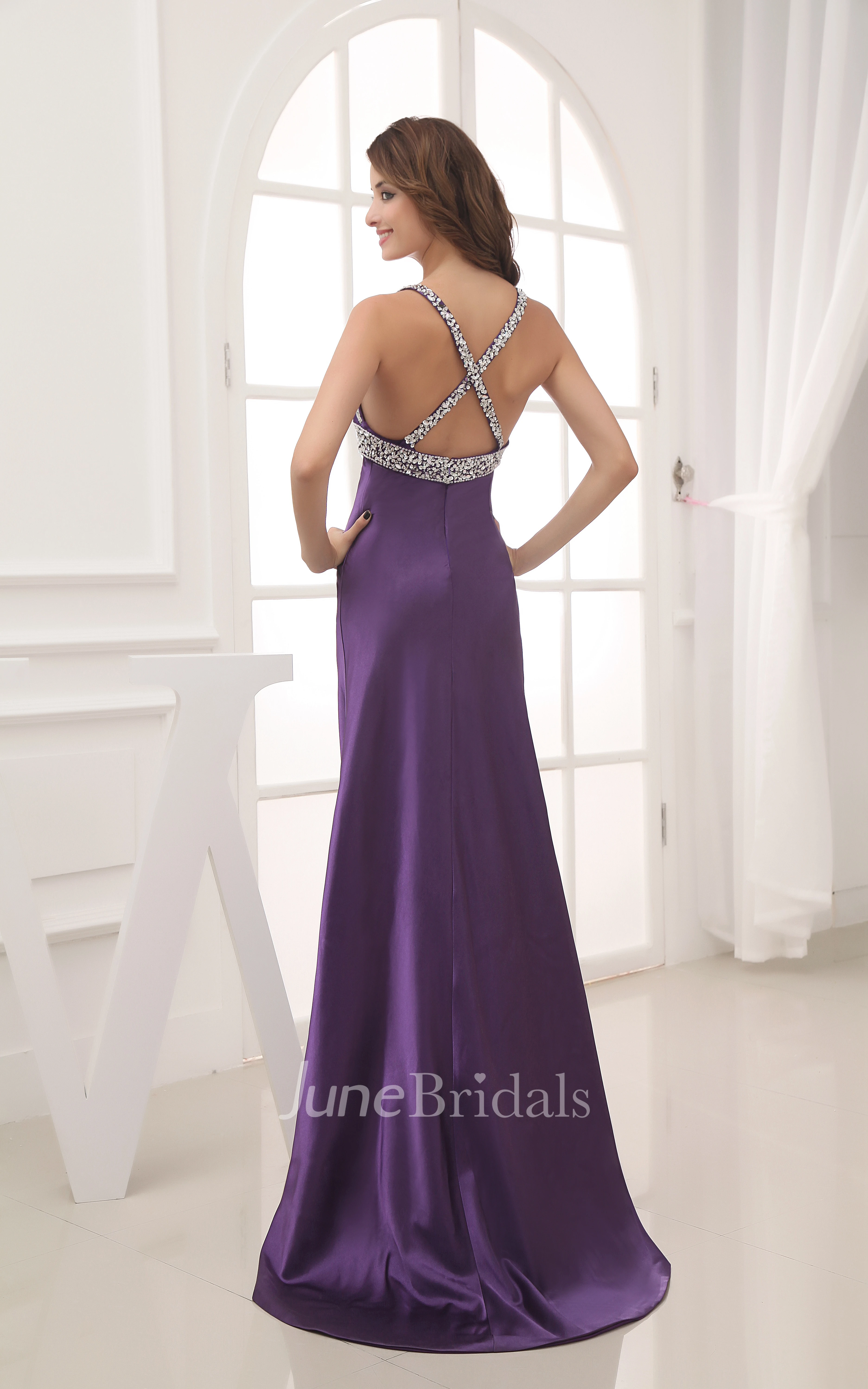 Plunged Sleeveless Front-Split Satin Dress With Beading