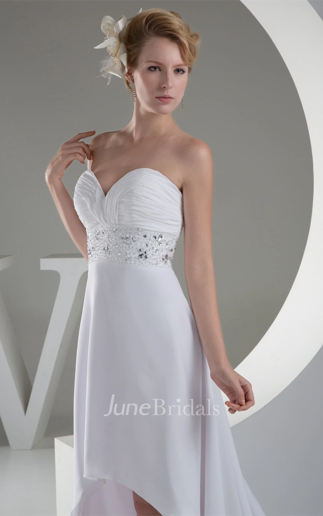 Sweetheart High-Low A-Line Ruched Dress with Beaded Sash