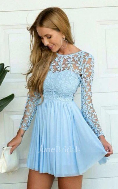 Casual A Line Chiffon Lace Bateau Long Sleeve with Flowers and Pleats Homecoming Dress