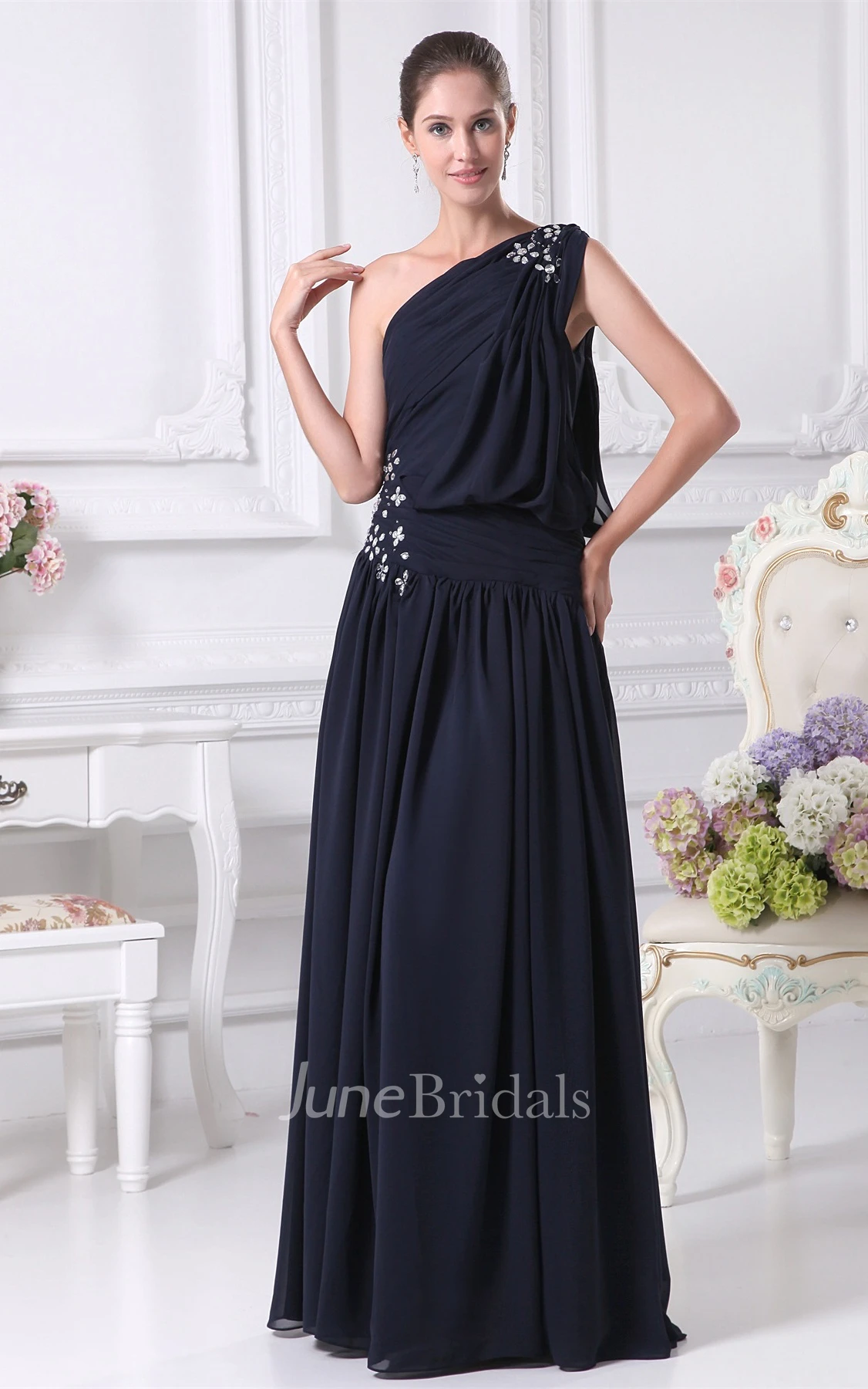 One-Shoulder Chiffon Pleated Gown with Beading and Corset Back