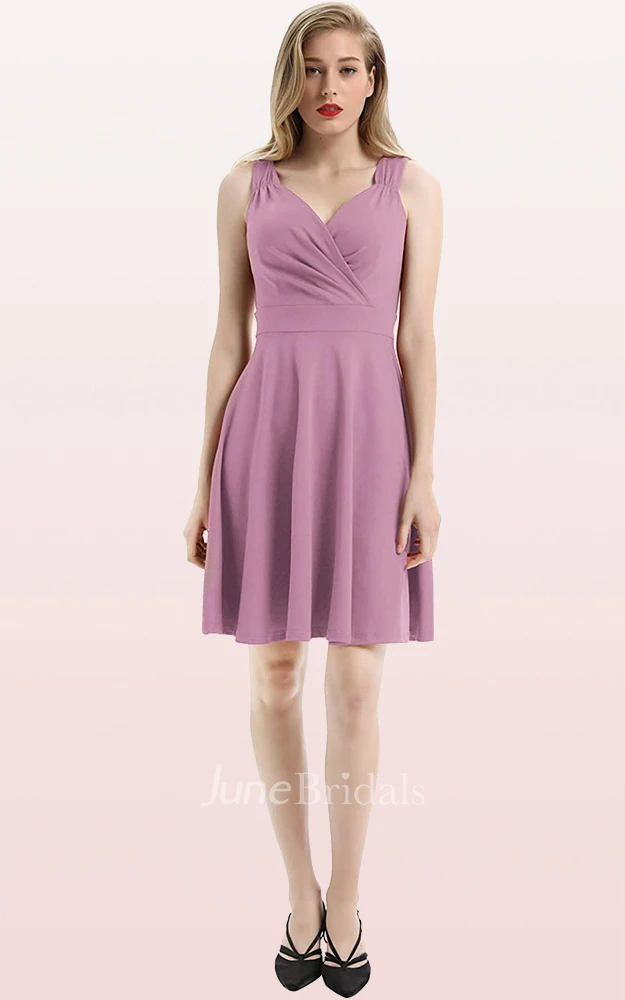A Line V-neck Jersey Sleeveless Prom Cocktail Dress With Ruffles