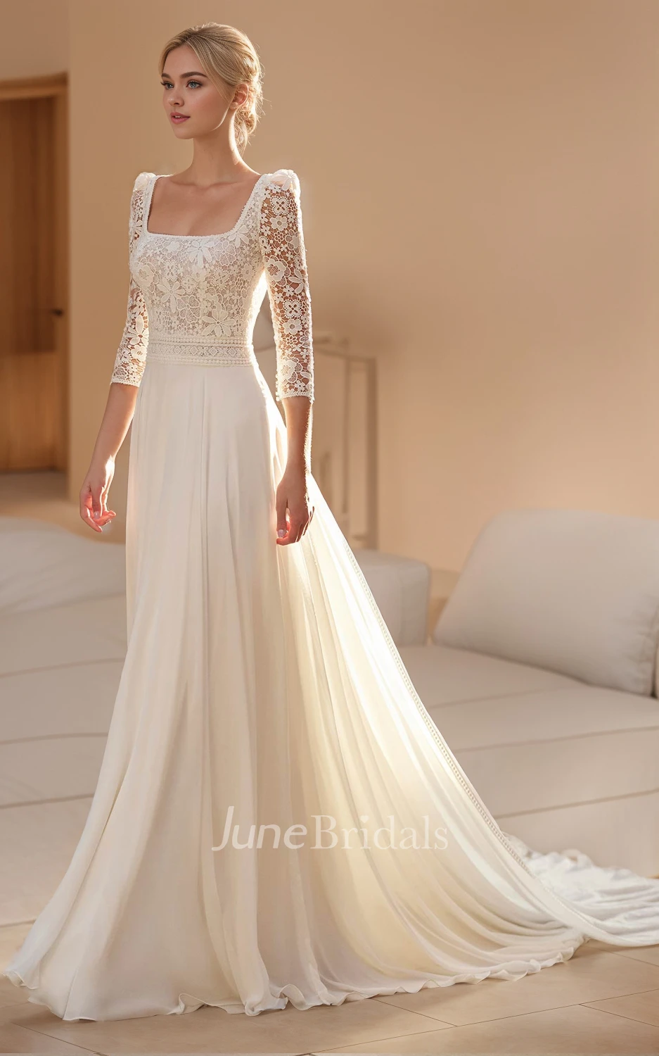 Elegant Vintage Square Neck A-Line Chiffon Lace Warm Wedding Dress Ethereal Romantic Long Sleeve Floor-length Backless Bridal Gown with Sash