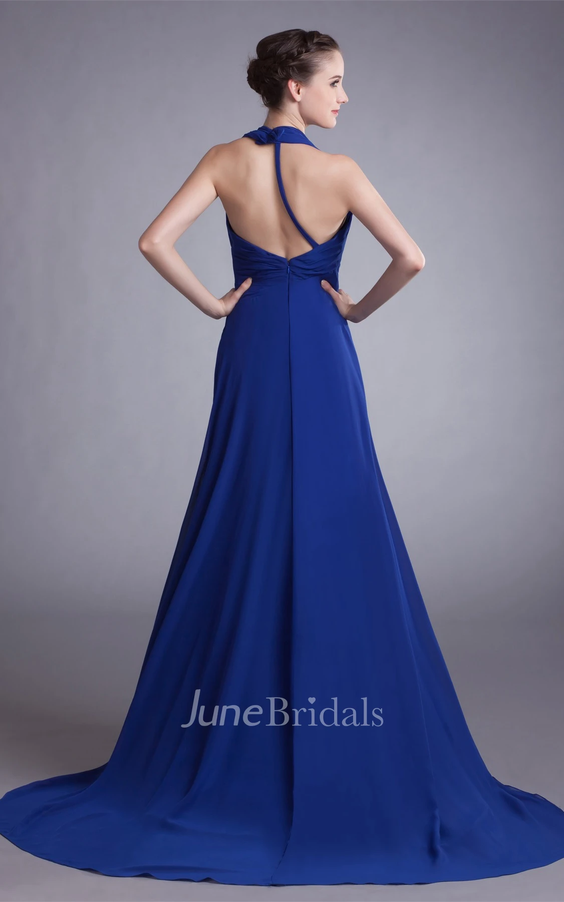 chiffon plunged sleeveless front-split dress with draping