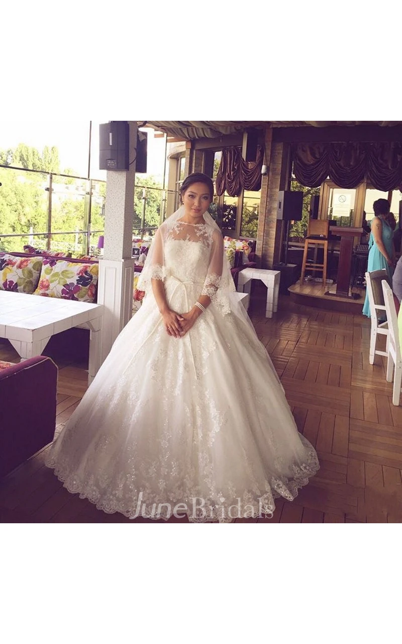 Illusion Long Sleeve High Neck Lace Ball Gown With Sash and Beading