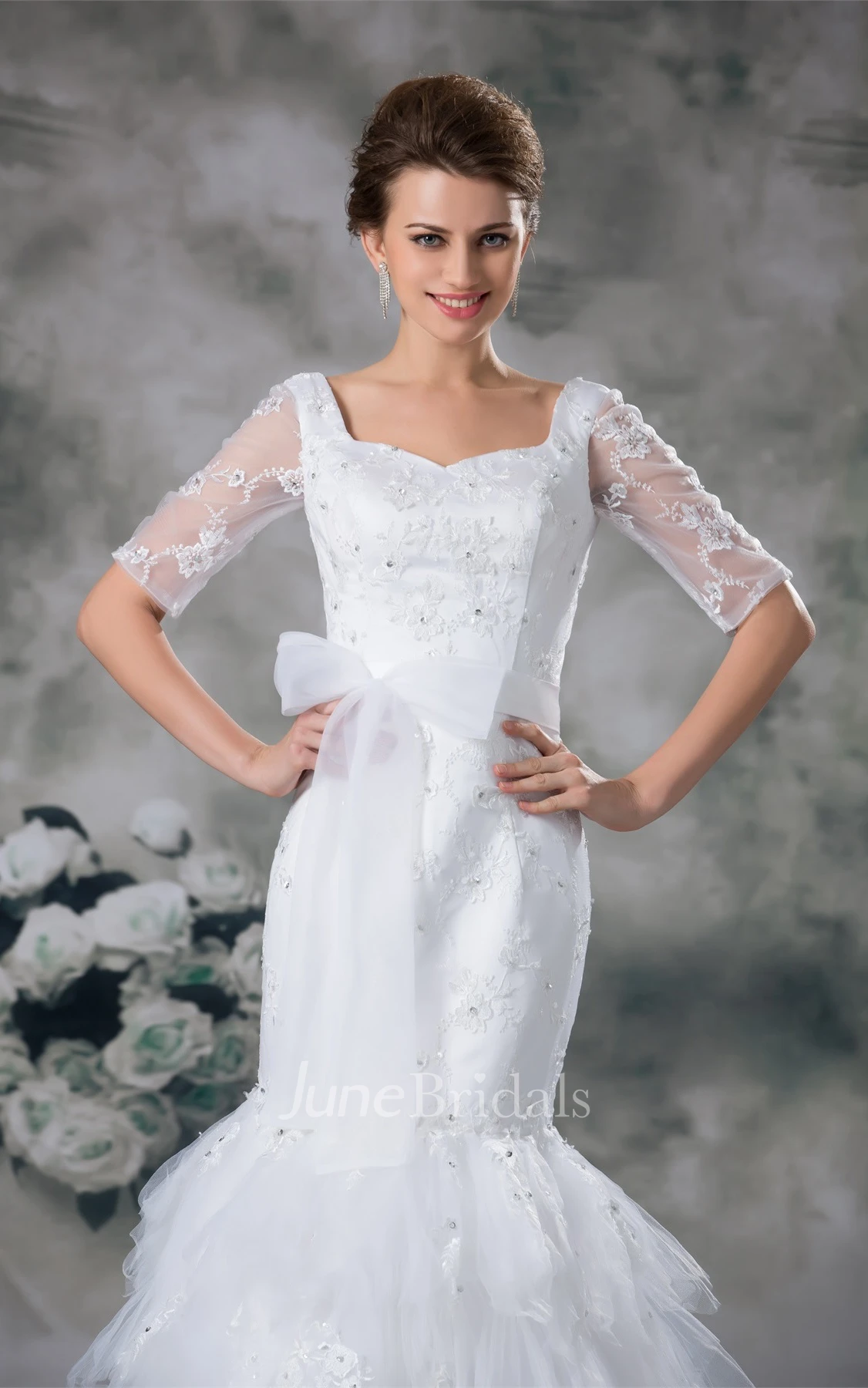 square-neck mermaid half-sleeve dress with tiers and beading