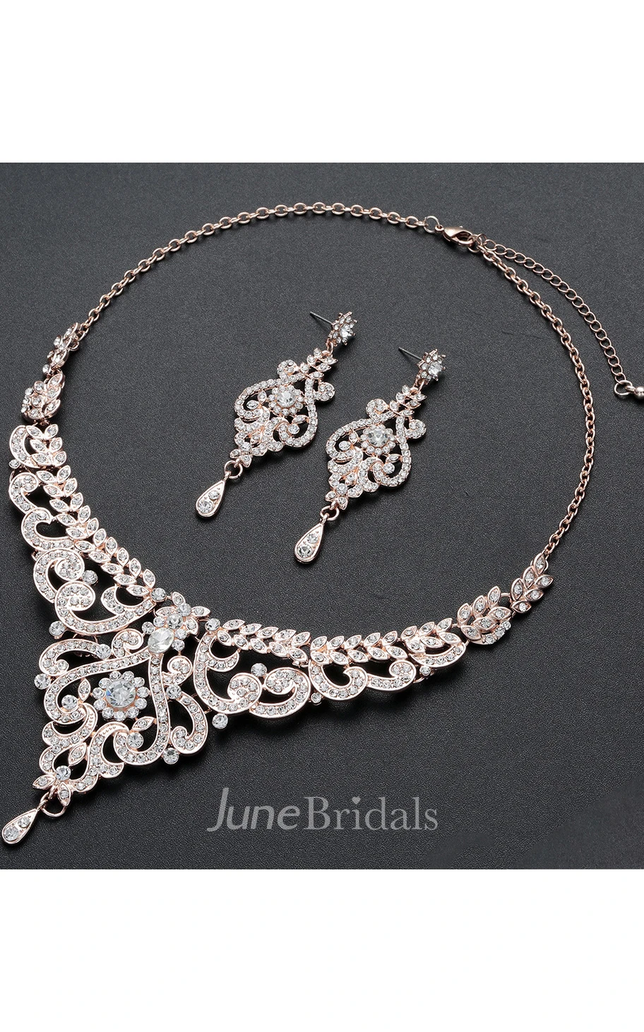 Trendy Rose Gold Rhinestone Necklace and Earrings Jewelry Set