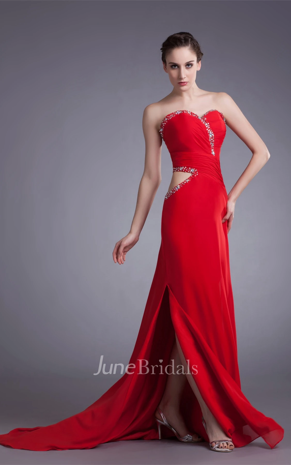 chiffon sheath maxi sweetheart dress with keyhole and beading