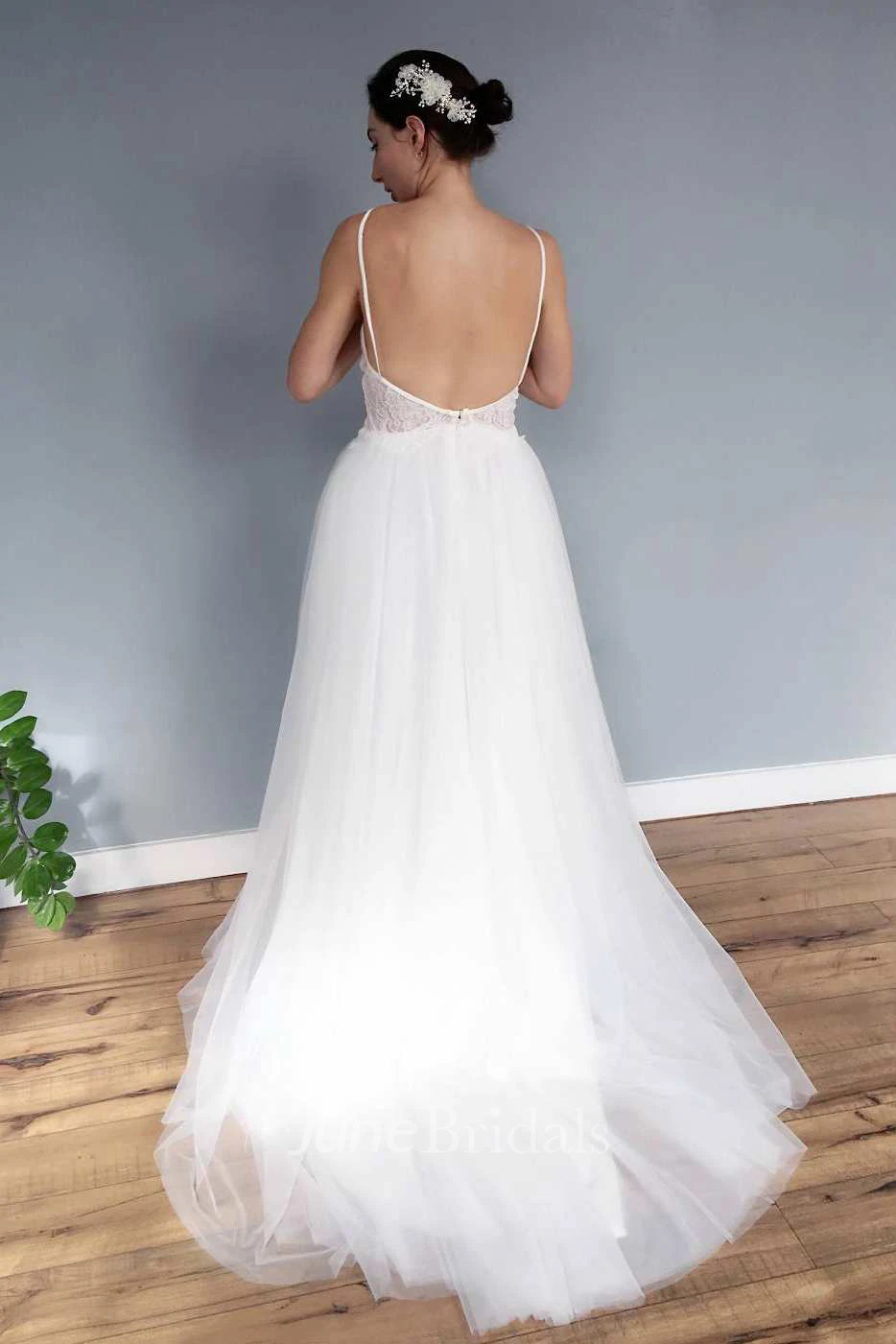 Spaghetti Sleeveless A-Line Tulle Chiffon Backless Wedding Dress With Sweep Train