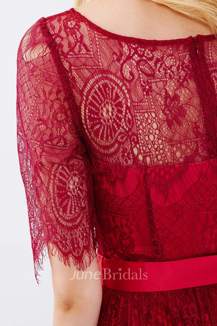 Mini Half Sleeve Scoop Neck Ribboned Lace Bridesmaid Dress